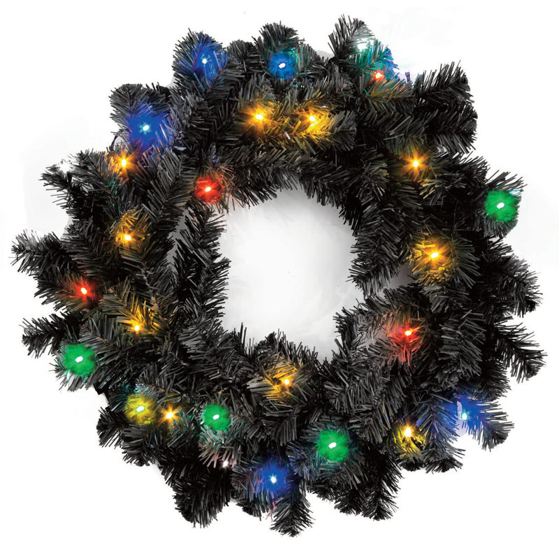 55cm Prelit Imperial Pine Christmas Wreath with Multicolour LEDs, Black