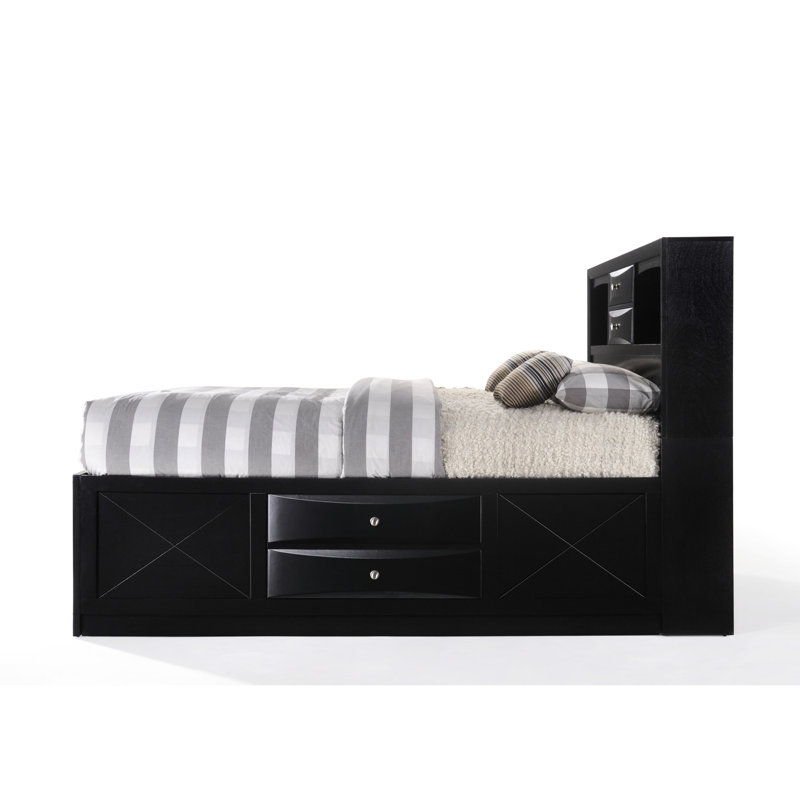 Grand lit noir avec fonction de rangement, 8 tiroirs sur rails latéraux, placage de bois et rangement de finition, tiroirs, (), limite de poids de 660 lb