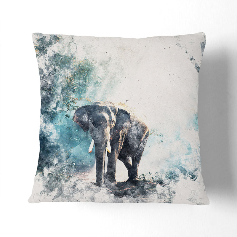 Elephant Roaming in a Forest Cushion with Filling, 40cm H x 40cm W x 15cm D, White