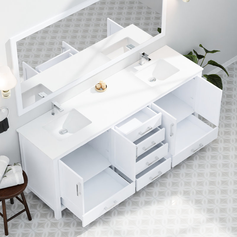 Meuble-lavabo double blanc 80 po En largeur, 22 po de profondeur, plateau en quartz, 30 miroirs et tiroirs à fermeture en douceur avec fonctionnalité