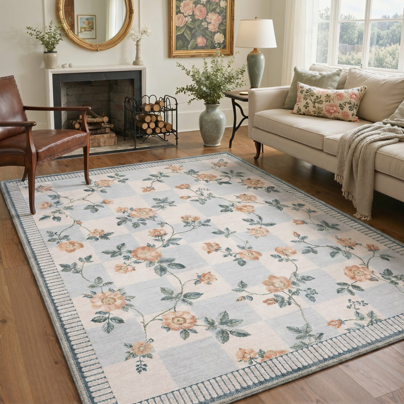 Tapis ivoire / vert lavable à la machine avec envers antidérapant, Rectangle 8' x 10'