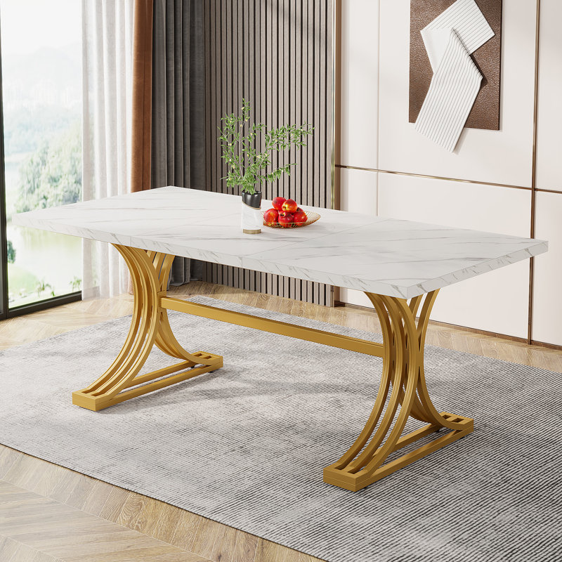 Dining Table, Rectangular, Metal Base, 63 Inch, White Marble, Gold
