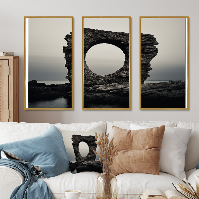 «Black Stone Geode Scenery Minimalisme», ensemble d'art mural sur toile en géode de pierre, Cadre flottant doré