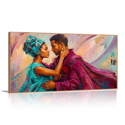 Couple enlacé en tenue turquoise et violette tenant une rose rouge - Tableau sur toile