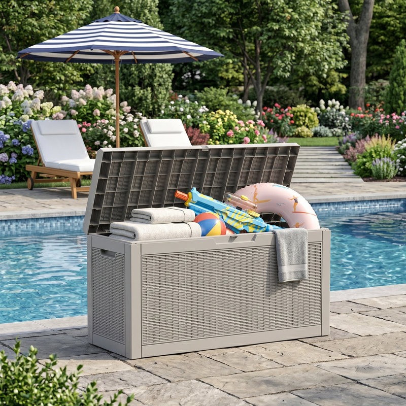 Boîte de rangement pour terrasse 60 gallons, Boîte de rangement 60 gallons en résine grise