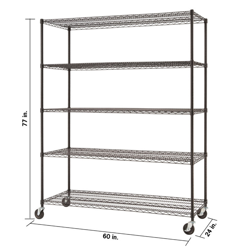 Trinity 60'' Black 5-Tier Adjustable Steel Wire Shelving Unit with Wheels