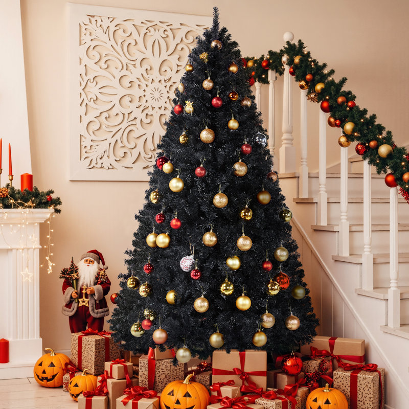 Sapin de Noël artificiel articulé multicolore avec base pliable, H 6 pi, Noir, noir, noir, noir