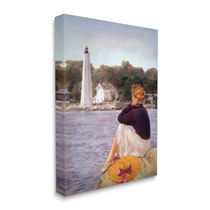 Femme au bord de la mer, phare côtier réaliste, peinture XXL tendue sur toile par Robert Desantis, Toile tendue