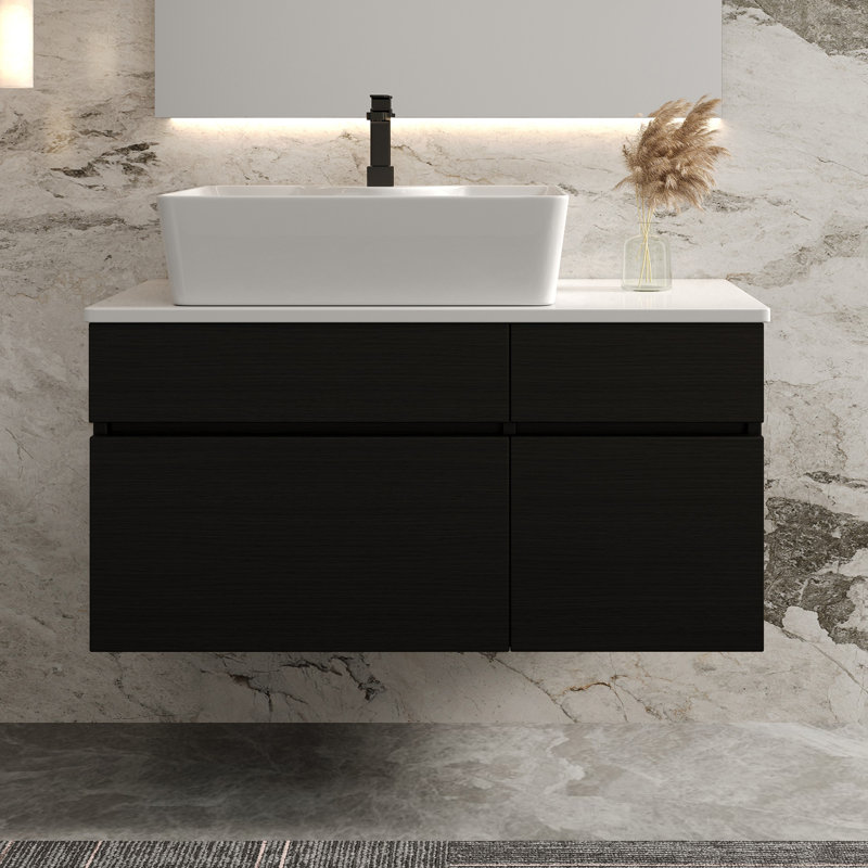 31.5" Black Floating Bathroom Vanity With White Ceramic Vessel Sink And Wall Mounted Design