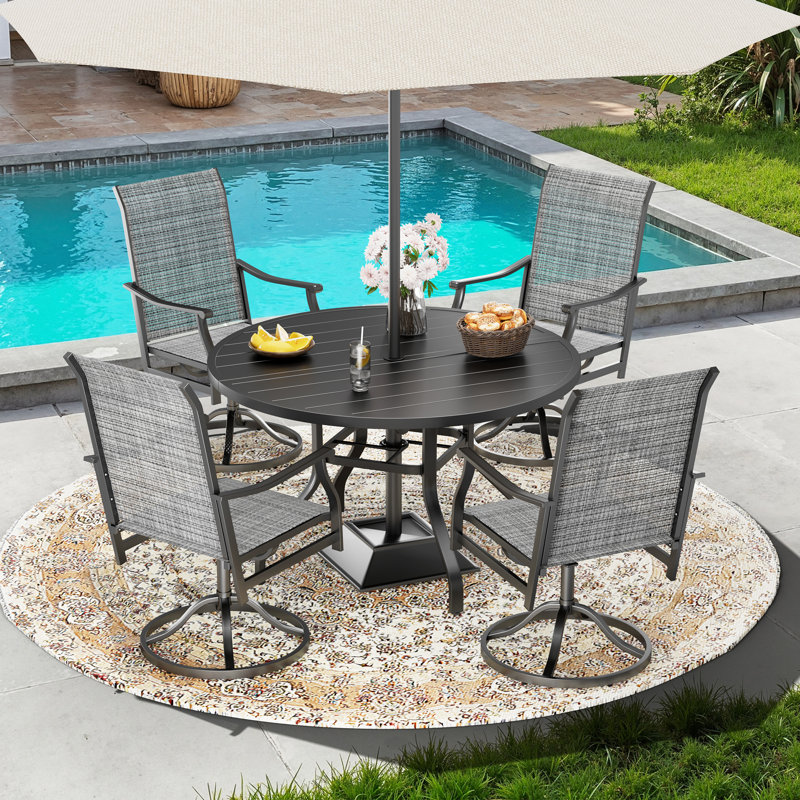 4 Person Round Outdoor Dining Set With Swivel Chair, Gray/Black, 4