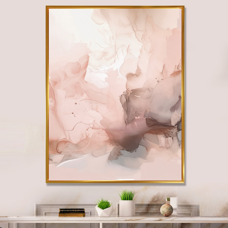 Rose délicat, marbre abstrait I - art mural abstrait en marbre, H 44 po x l 34 po x P 1,5 po, Cadre flottant doré