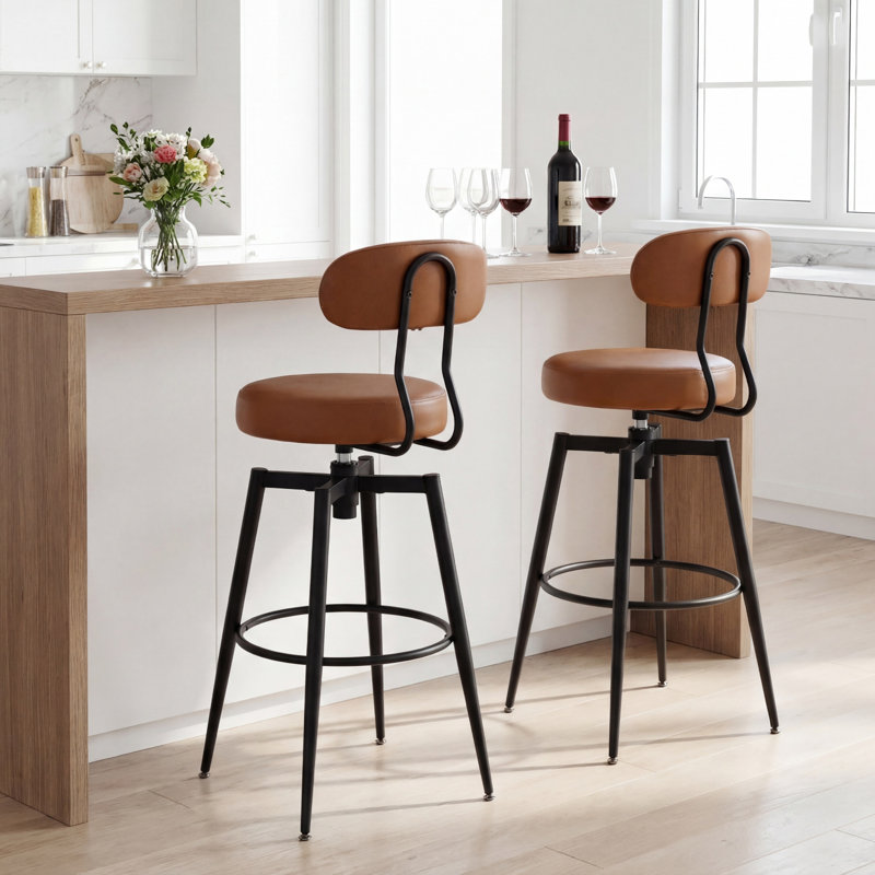 Ensemble de 2 tabourets de bar pivotants en similicuir avec dossier rembourré noir et brun, Brun, 2