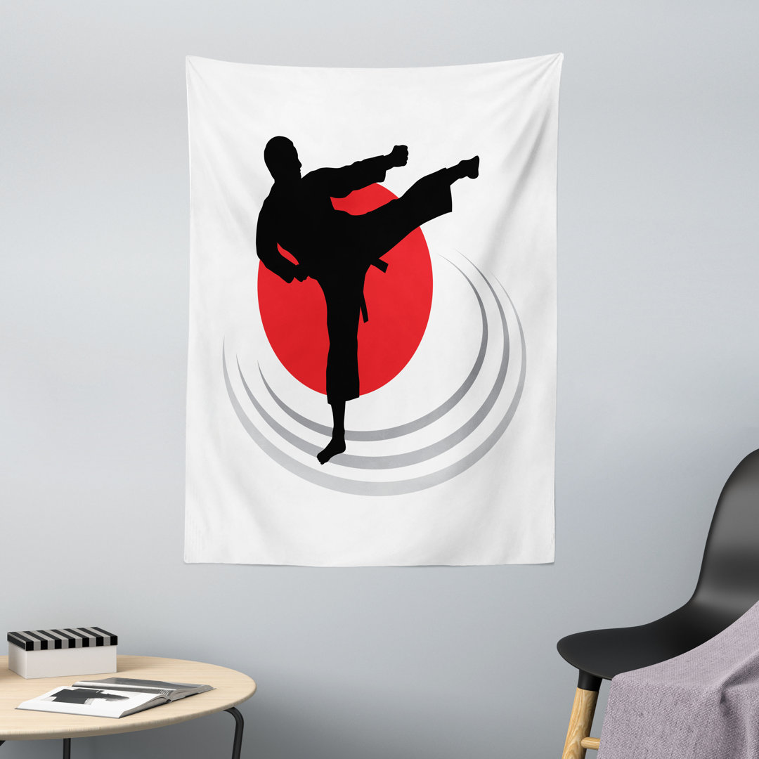 Wandteppich, Mann Karate Kick Silhouette, Schwarz Zinnoberrot