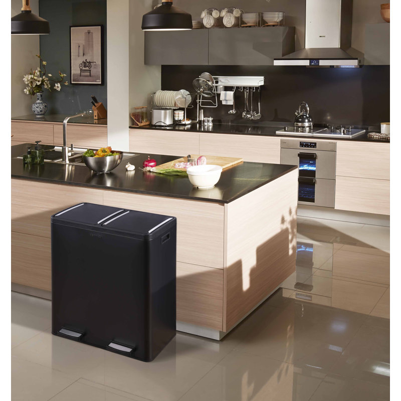Large Black Stainless Steel Dual Compartment Trash and Recycling Bin