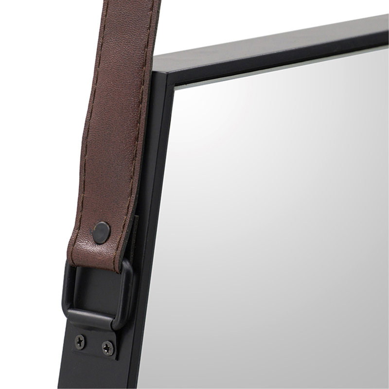 18x1.6x31.5" Black and Silver Hexagonal Wall Mirror with Hanging Leather Strap