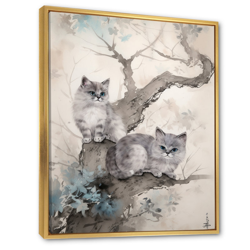 " Two Gray Cats In A Tree Vintage Painting ", 40" H x 30" W x 1.5" D, Gold Floater Framed