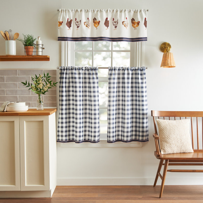 Navy Gingham and Chicken Print Cotton Polyester Valance Set