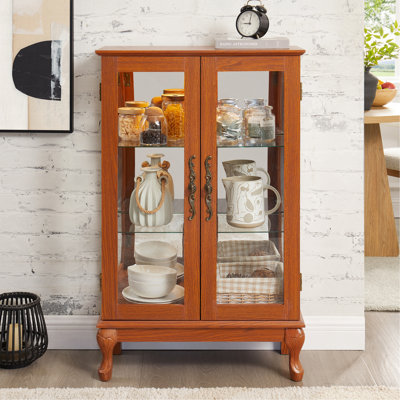 2 Doors Curio Cabinet With Tempered Glass Doors, Curio Cabinets With Mirrored Back Panel And Adjustable Shelves, Lighted Display Cabinet For Home, Office Light Bulb Included DARK OAK