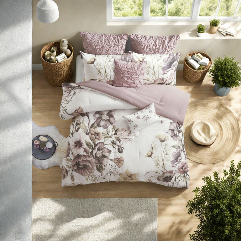 Ensemble de literie luxueuse en coton 8 pièces, conception rosée chic pour la chambre à coucher
