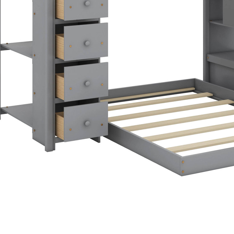 Twin Over Full Bunk Bed With Drawers,3-Layer Shelves And Storage Stairs, Gray