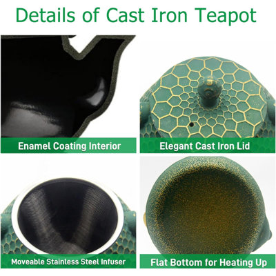 Cast Iron Tea Kettle Set Hexagon Pattern Teapot Set With Cups And Cup Mats Teapot Coated With Enameled Interior Durable Cast Iron Teapot Set With Stainless Steel Infuser