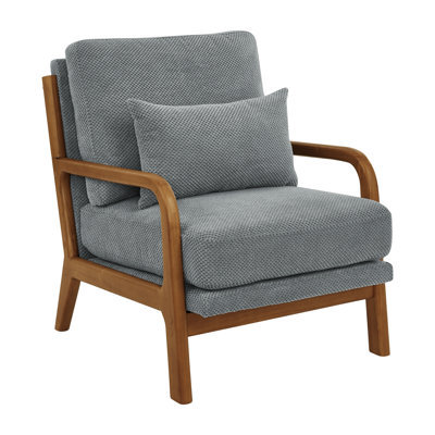 26"W Farmhouse Solid Wood Accent Lounge Chair/Arm Chair with Throw Pillow（Light Gray）