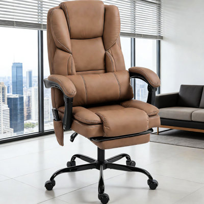 Fauteuil de bureau en similicuir avec massage vibratoire pour le dos, les lombaires et les cuisses, cinq modes, trois intensités, coussin haut indépendant, 140 inclinables en continu, repose-pieds rétractable, roues pivotantes