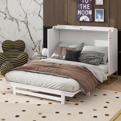 Grand lit escamotable Murphy avec portes en verre givré, faux tiroirs, pieds en métal