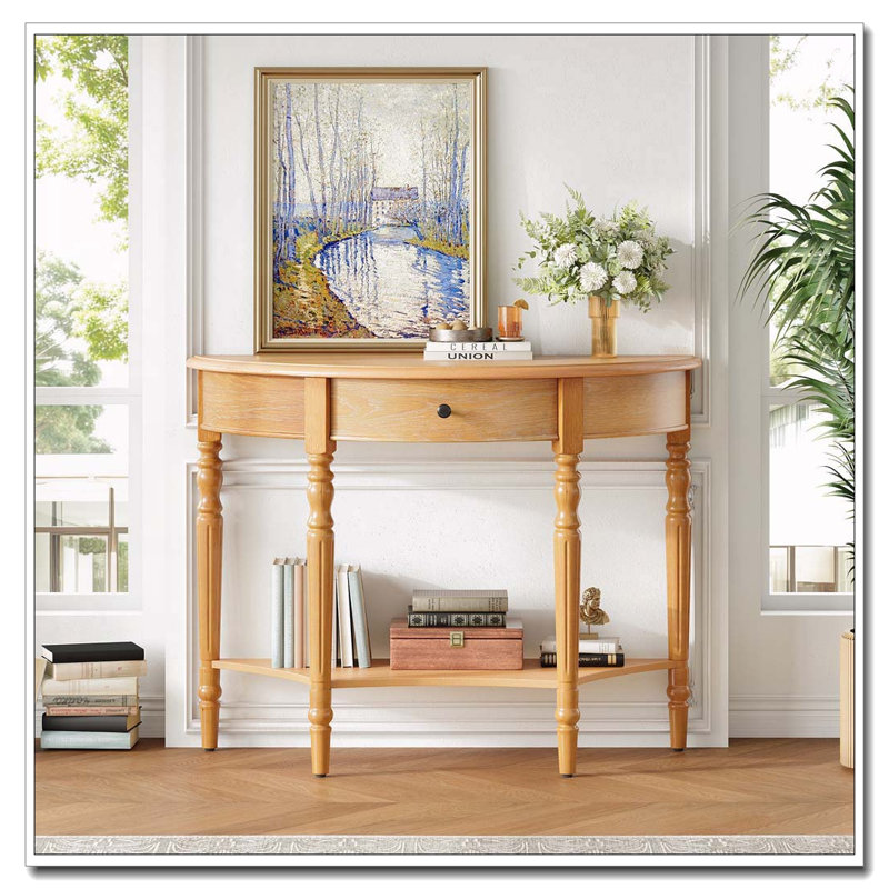Half Moon Console Table with Drawer & Shelf, Natural