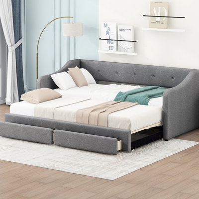 Lit de jour capitonné, du lit simple XL au lit king size, avec tiroirs de rangement - Lit gris moderne et pratique, élégant pour tout espace de vie.