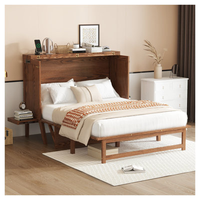 Lit escamotable double avec station de charge USB et tablettes amovibles, lit armoire en pin massif pour bureau personnel