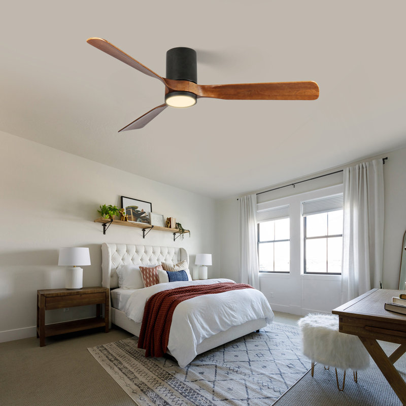 60 In. LED Indoor/Outdoor Flush Mount Matte Black Ceiling Fan With Wood Blades, 6-Speed DC Remote Control