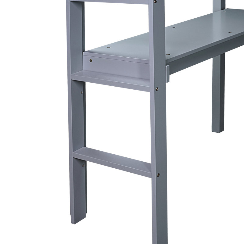 Lit mezzanine simple gris avec garde-corps et bureau intégré, fabriqué en bois d'hévéa pour une chambre à coucher de taille stable, fabriqué en gris