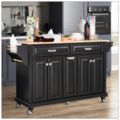 Durable Kitchen Island With Rubber Wood Countertop, Spacious Storage, And 5-Wheel Mobility For Enhanced Cooking Convenience.