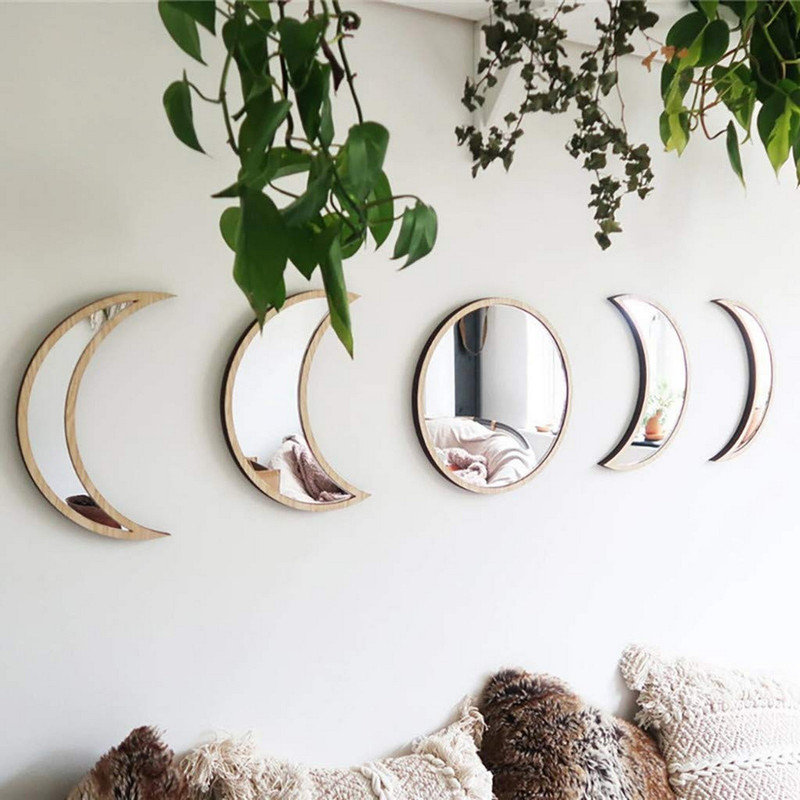 Dakota Fields 5 Pieces Wooden Moon Phase Mirror Bohemian Wall Decoration f-Not Real Mirror | Wayfair