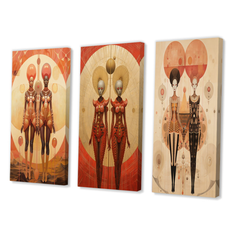 Alien Goddess Vintage Dreamscape Illustration V - Abstract Portraits Art Set Of 3 Pieces, Toile tendue, H 40 po x l 60 po