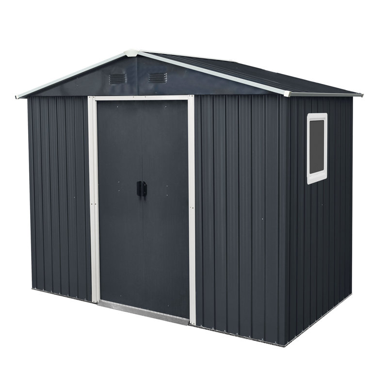 8ft X 4ft Metal Outdoor Storage Shelter With Window - Black And White, & Robust Construction, Tilted Roof To Keep Away , Lockable Door, Air Vents, Includes Foundation, Anchors, Hooks, Shelf, Lock,