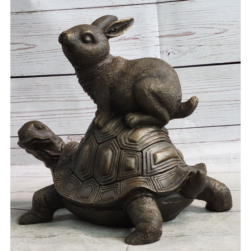 Tortue et le lièvre Aesop Fable Sculpture en bronze Figurine Statue Collection Decor Art originale signée