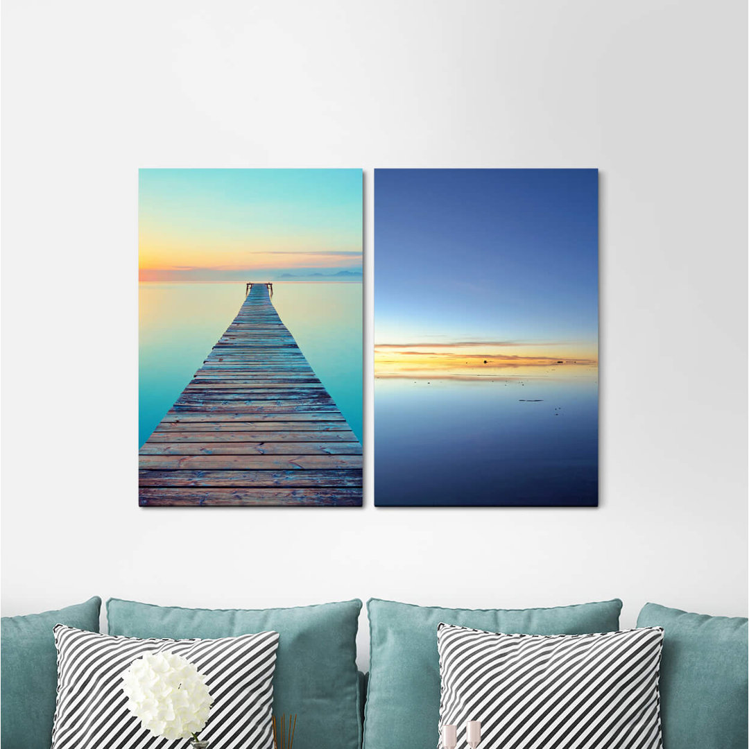 2-tlg. Leinwandbilder-Set - Grafikdruck „Jetty Sea Gentleness Distance Horizon Meditation”