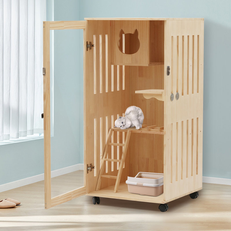 Grande maison de chat en bois pour l'extérieur avec patin à griffes, abri pour chat multifonctionnel sur roulettes pour chats multiples