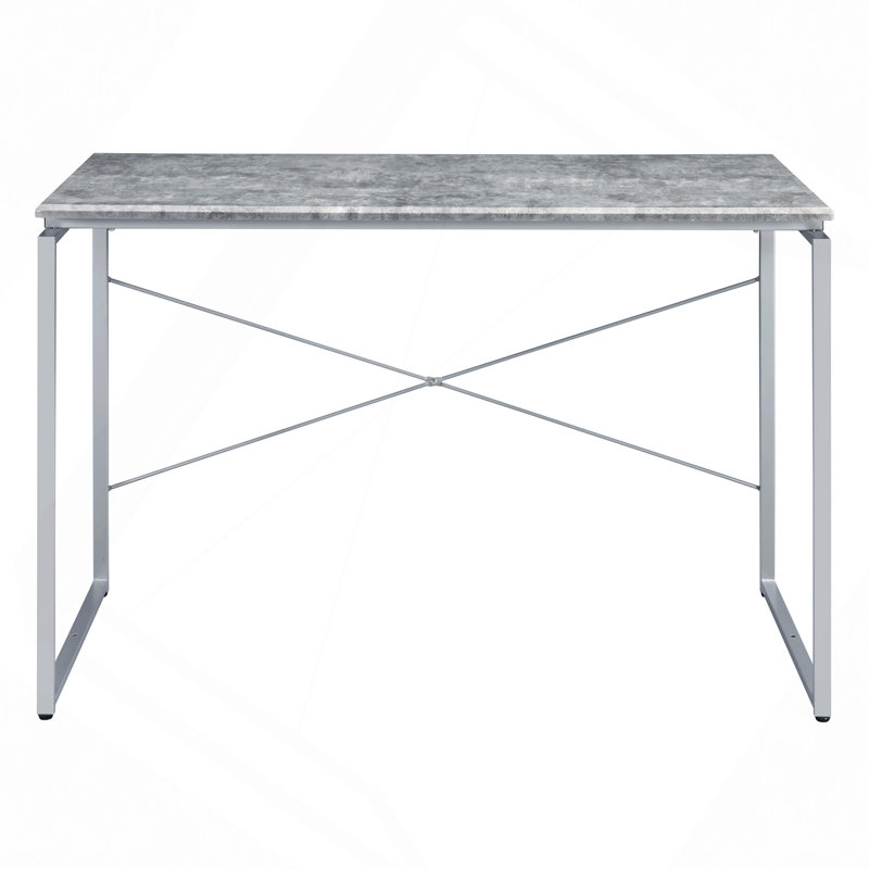Bureau d'écriture robuste de style industriel avec plateau en faux béton et base en métal, Argenté / Gris