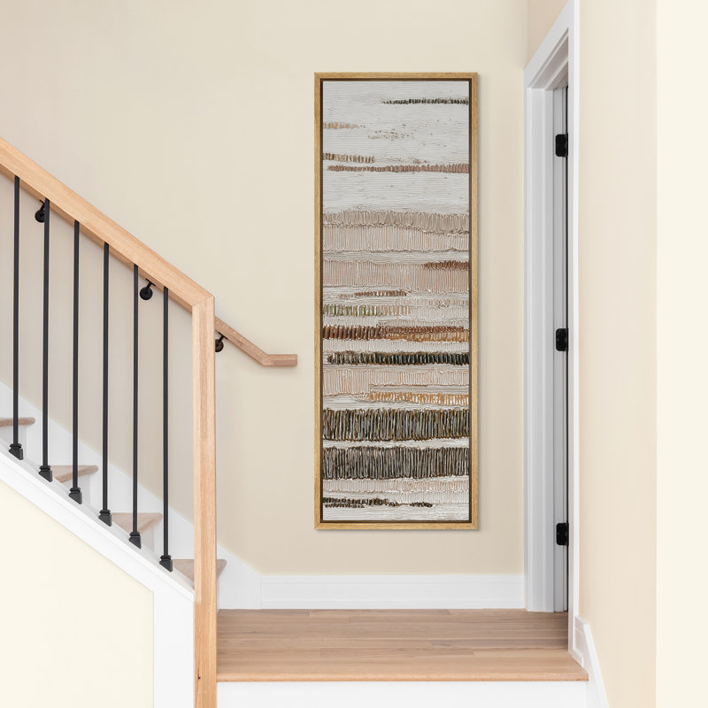 Neutral Horizontal Stripes in Beige and Brown - Large Framed Canvas Master Bedroom Wall Art Print, 60" H x 20" W x 1.5" D