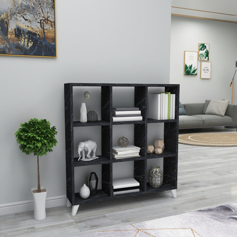 9 Cube Square Bookcase With Legs Cabinet Storage Shelving Display Wood Shelf, Black Marble