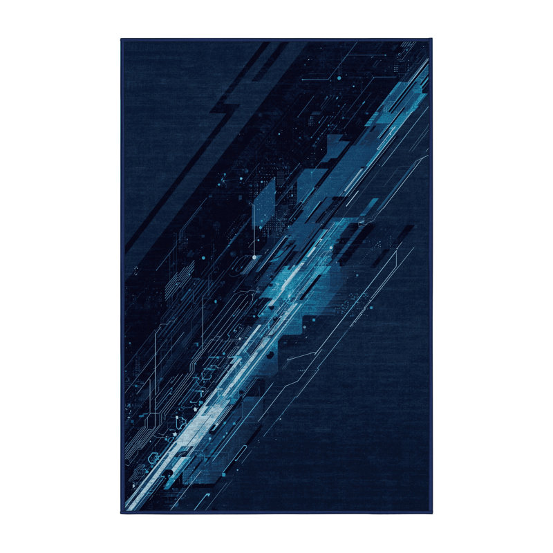Tapis bleu moderne délavé à la machine Chaplin Cyberpunk Hacker, 3 X 5