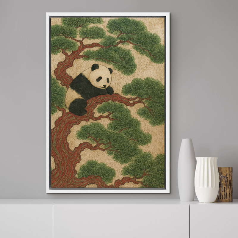 «Panda on Red Pine Tree Art», reproduction d'art sur toile encadrée, H 36 po x l 24 po x P 1,5 po, Cadre blanc