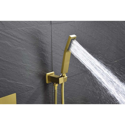 Wall Mounted 10" Rain Shower Head Unit Assembly With Control Valve And Hand Shower, Build, Intense Water Flow, Enjoyable Bathing Experience, Brushed Gold, Bathroom Accessory Kit Assembly,
