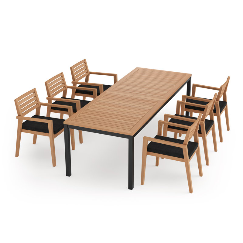Outdoor Furniture Rhodes 7 Piece Dining Set with 96 in. Table, Cast Slate Sunbrella® Plainweave, Natural Teak