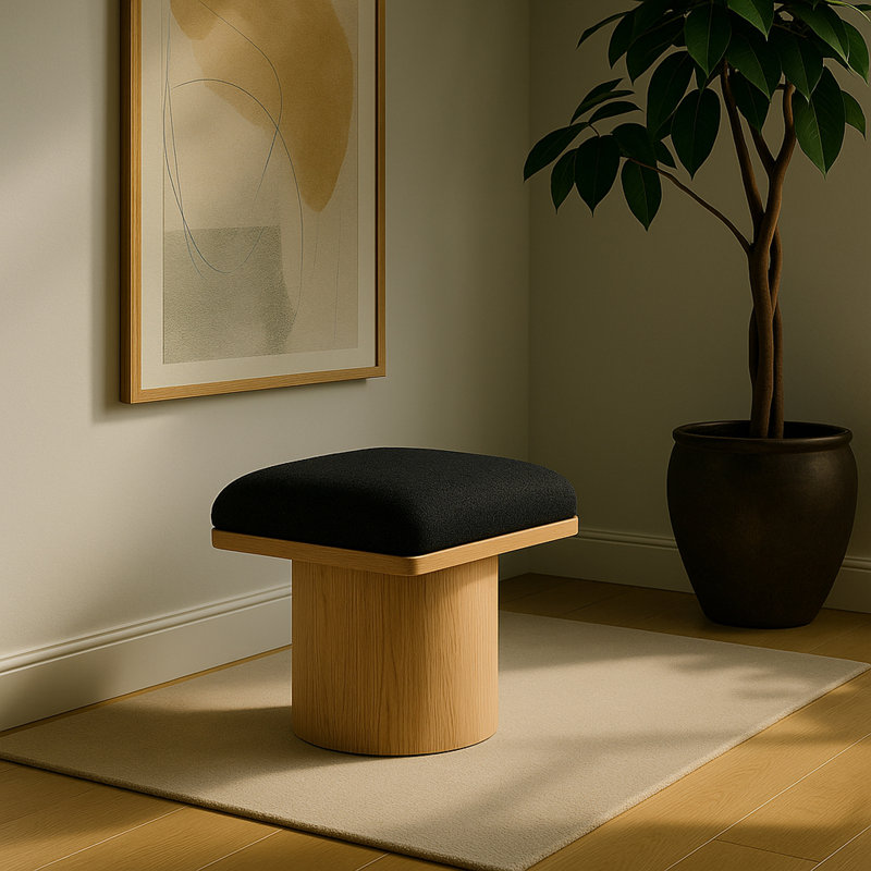 Manufactured Wood Accent Stool, Black Boucle Fabric, Natural