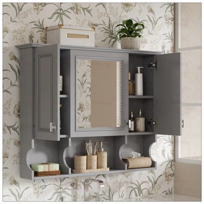 Armoire à pharmacie murale avec miroir et tablettes ouvertes, solution de rangement compacte et peu encombrante
