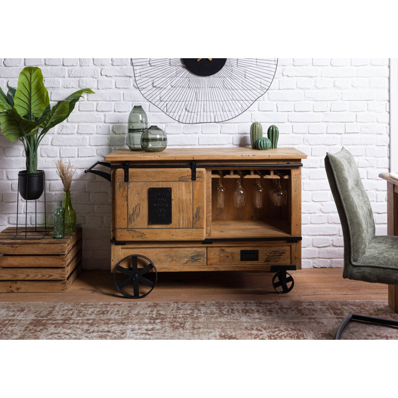 Railway Solid Wood Bar Cart, Natural Wood